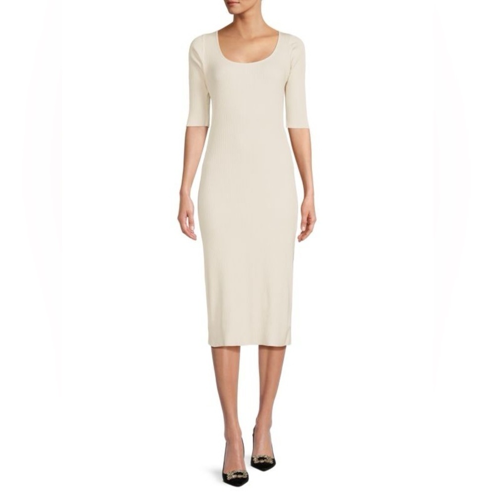 Vince Ribbed Sheath Midi Dress 3/4 Sleeves Scoop Neck Size Medium